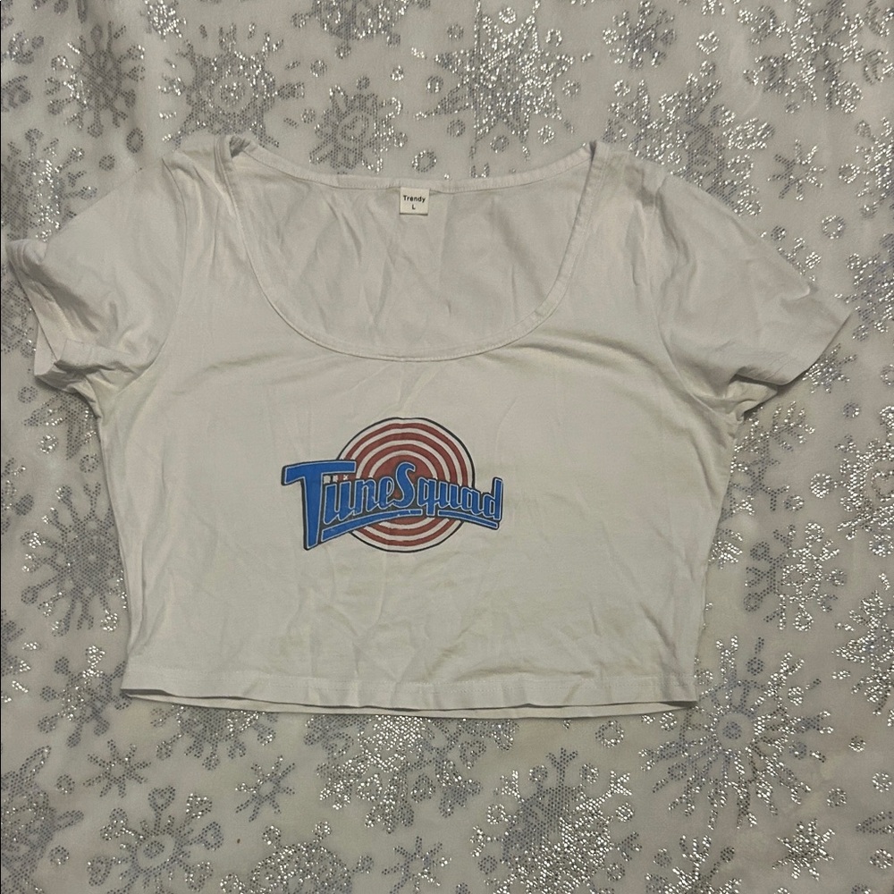 Trendy Boutique White Crop Top with Blue and Red Logo